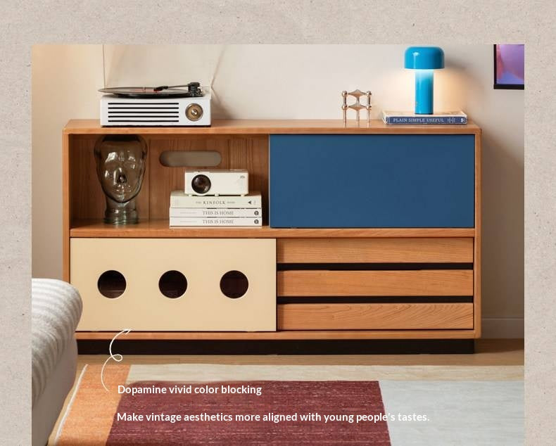 Cherry Solid Wood Vintage TV Stand with Wall-Mounted Tall Cabinet Design