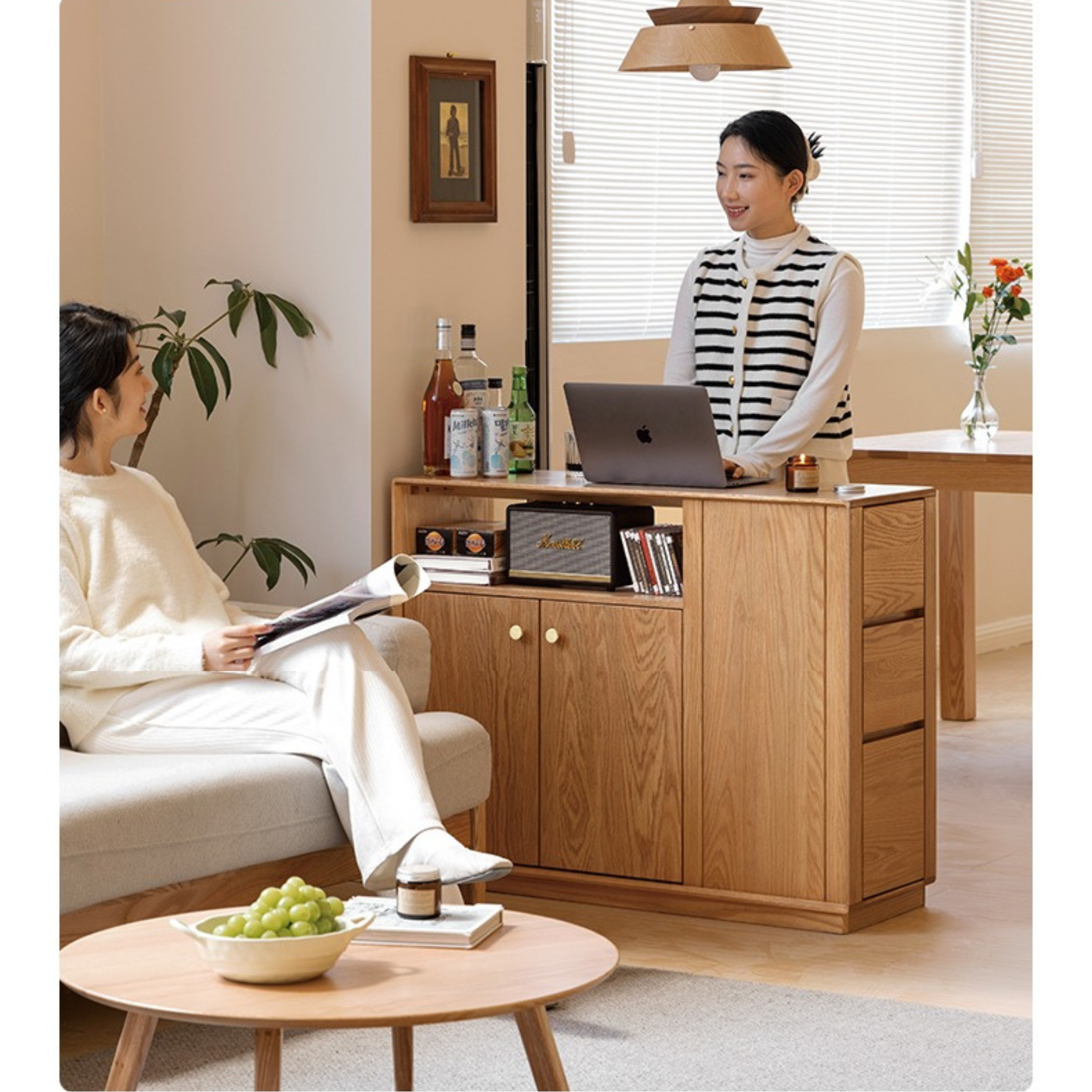 Oak Solid Wood, Solid RubberWood Nordic Modern Sideboard