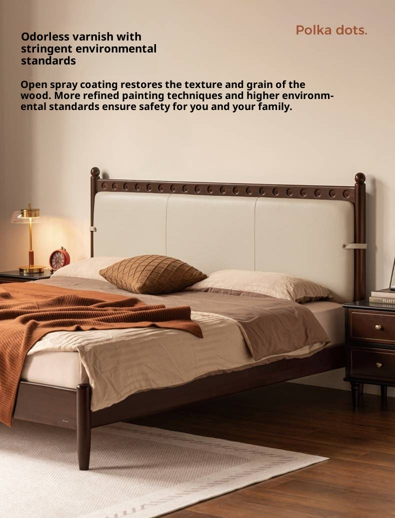 Poplar Solid Wood Genuine Leather Soft Backrest Bed Retro Vintage