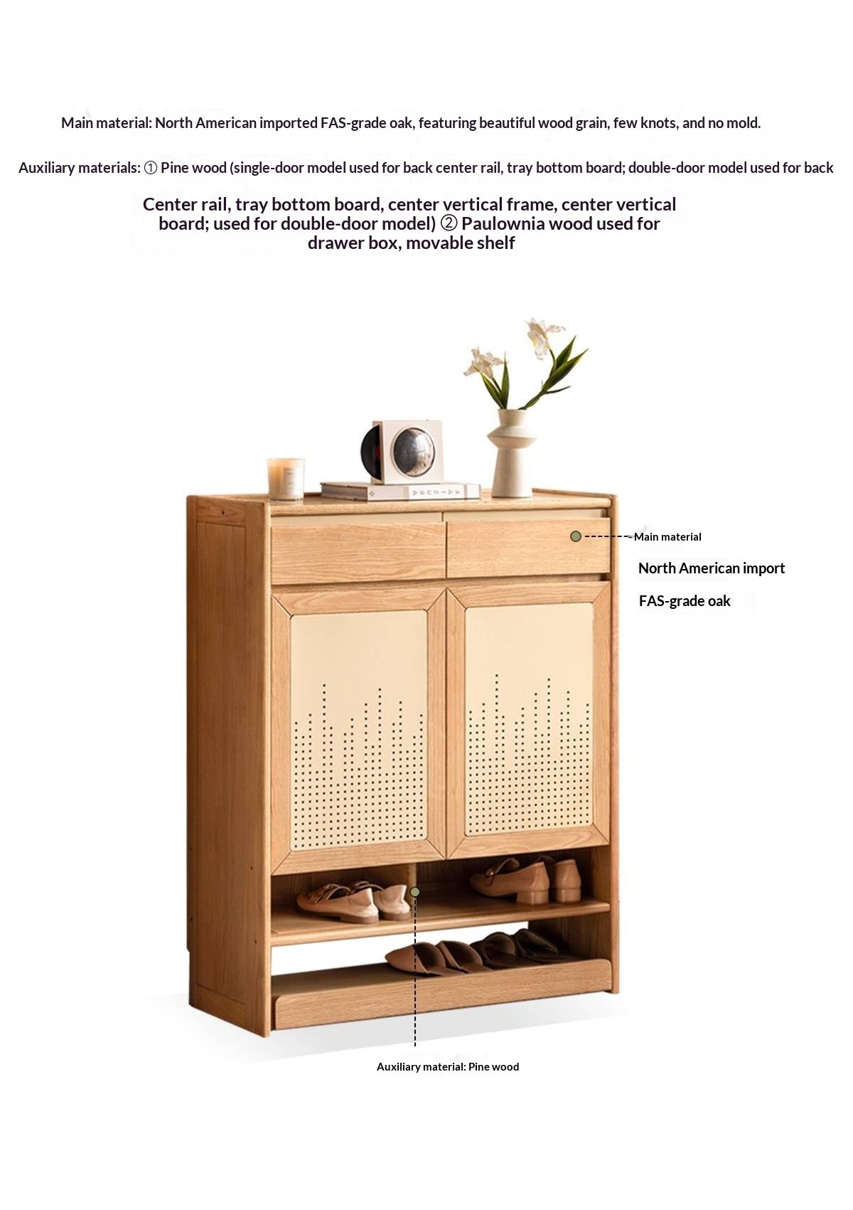Oak Solid Wood Large Capacity Entryway Shoe Cabinet with Drawers