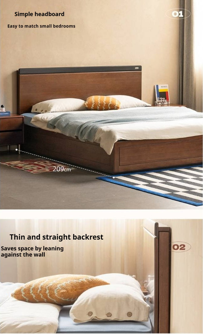 Golden Rosewood Solid Wood Bauhaus Storage Bed with Full Lift-Up Storage Box and Color-Block Headboard