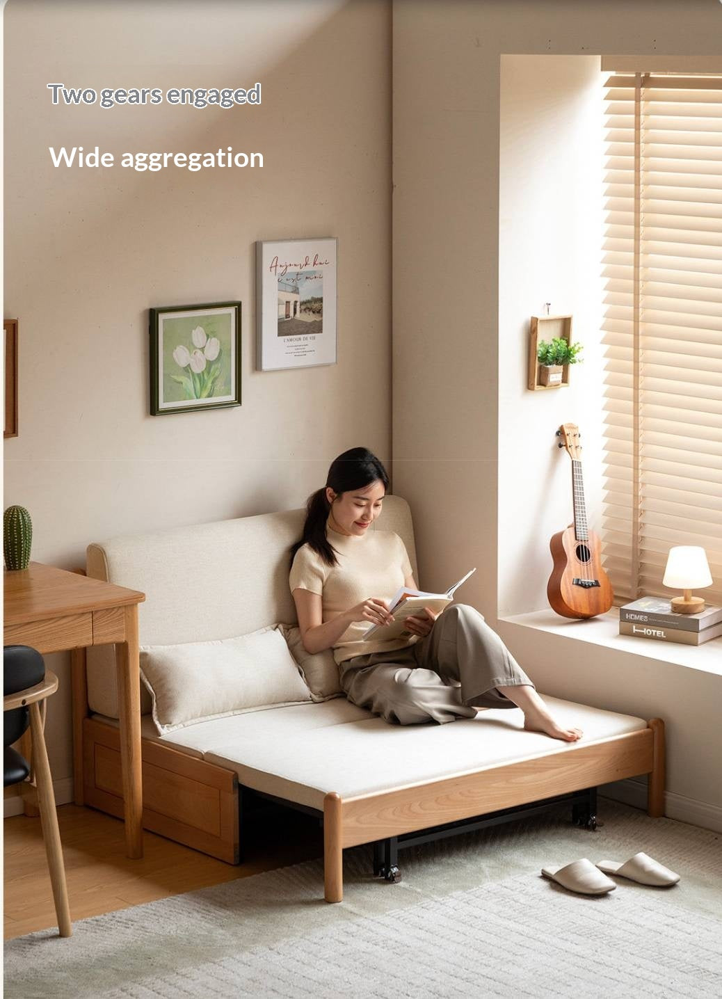Beech Solid Wood Minimalist Pull-Out Sofa Bed