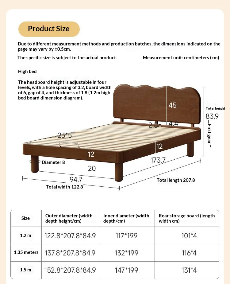 Rubberwood Solid Wood Low Kids Bed with Removable Legs and Adjustable Headboard Height