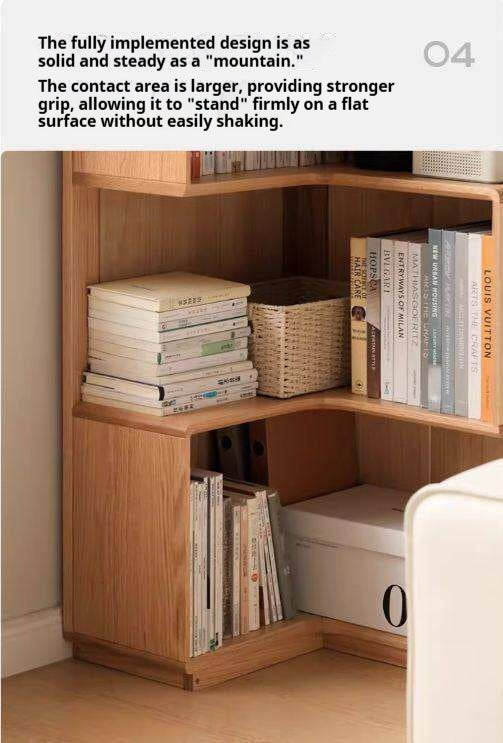 Oak Solid Wood Corner Bookshelf with Floor-Standing Storage Cabinet