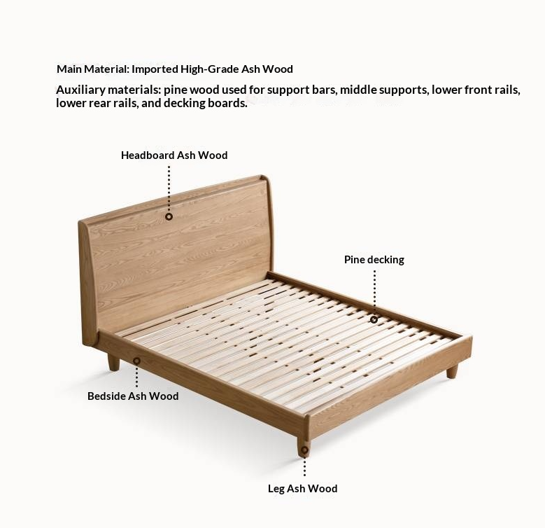 Ash Solid Wood High Backrest Large Bed