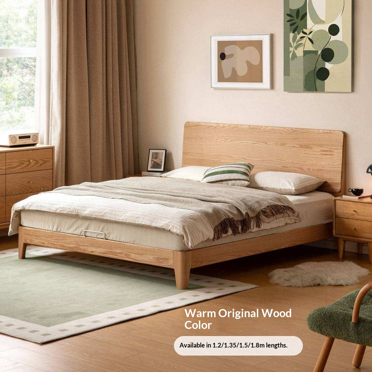 Oak Solid Wood Bed Platform Bed with Rectangular Panel Headboard and Tapered Legs