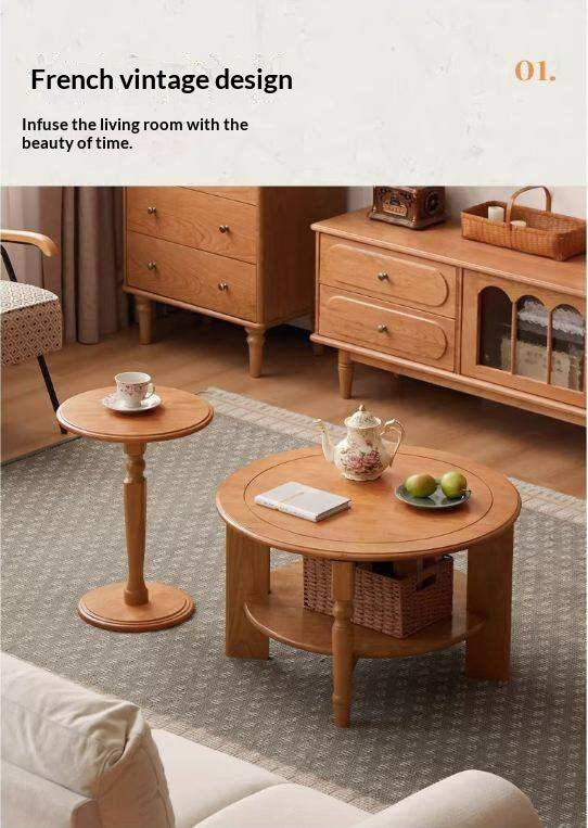 Cherry Solid Wood Coffee Table with French Retro Design