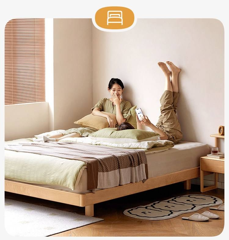 Beech Solid Wood Modern Minimalist Floating Platform Bed — Headboard-Free