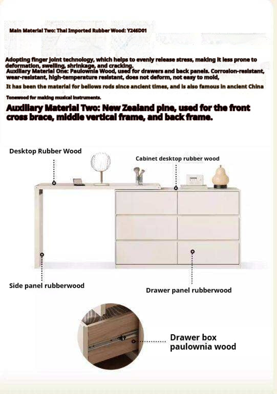 Solid Rubberwood Cream Style Vanity Table Integrated Drawer.