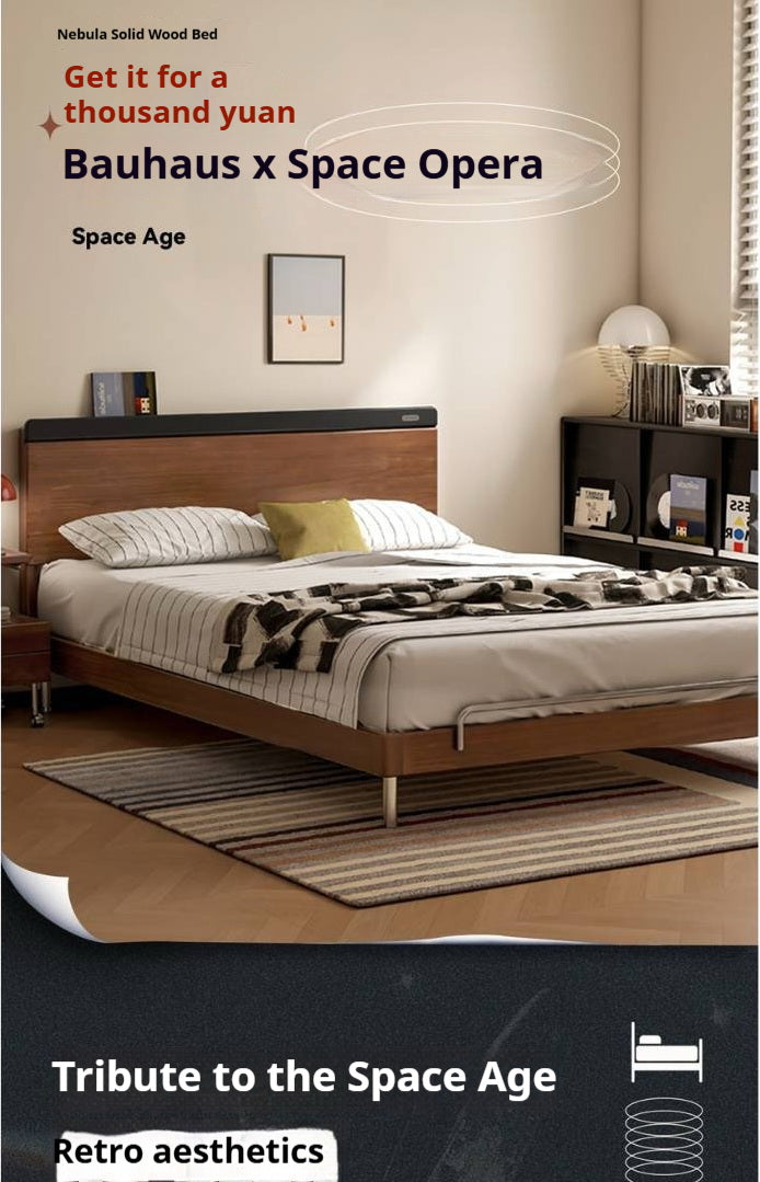 Rubberwood Solid Wood Platform Bed with Metal Legs and Two-Tone Headboard