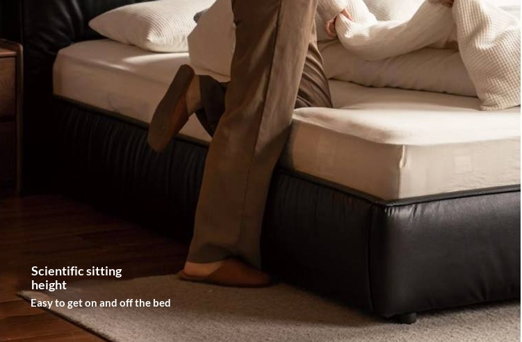 Genuine Leather Upholstered Bed — Black Large Bed, Italian Light Luxury Design