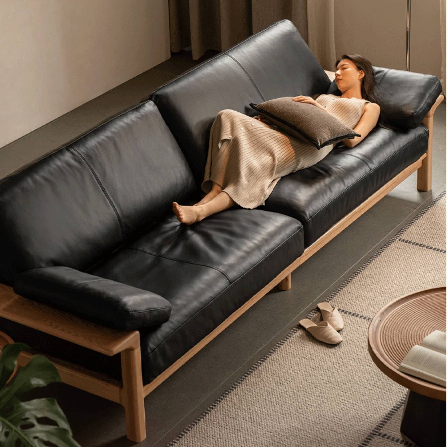 Oak, Ash Solid Wood Wabi Sabi Style Genuine Leather Sofa, fabric sofa