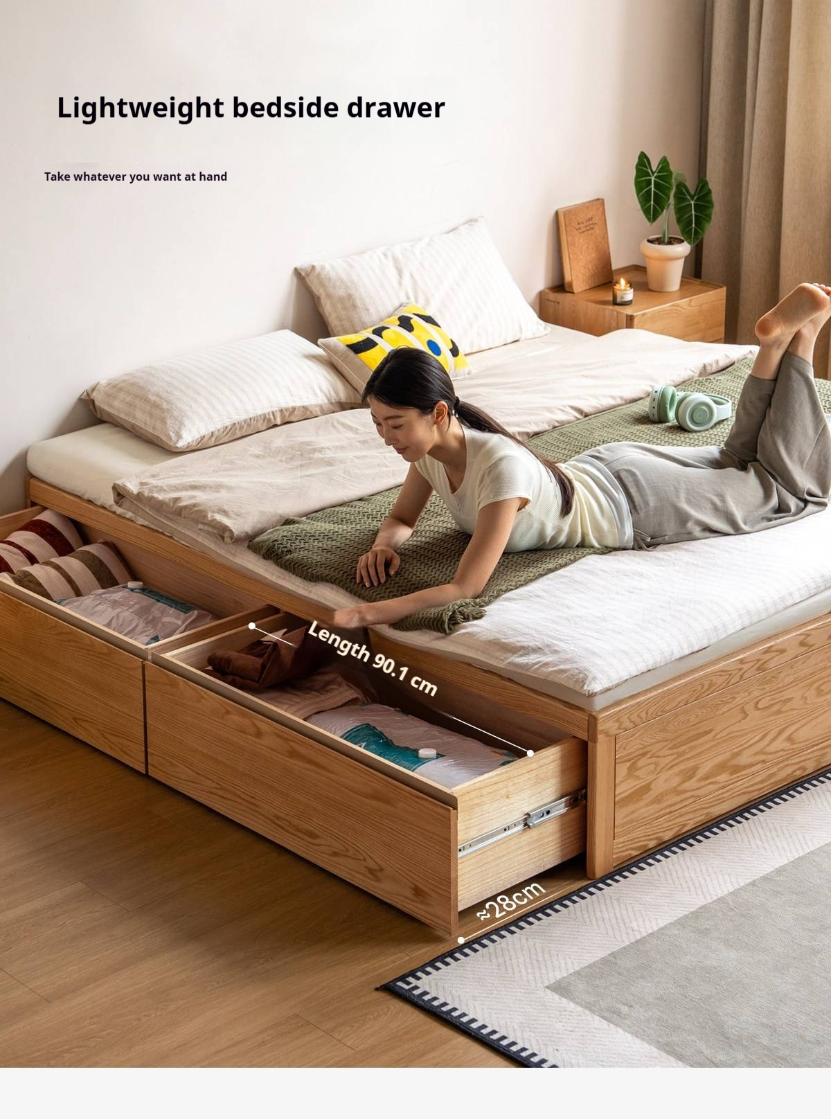 Oak Solid Wood Storage Platform Bed with Drawers, Natural Color