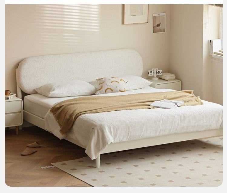Poplar Solid Wood Bed — Upholstered with Fabric, Creamy Lambswool Soft Backrest