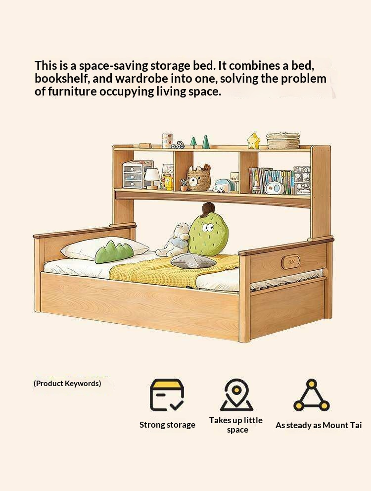 Beech Solid Wood Kids Storage Bed with Bookcase Headboard and Gas Lift Base