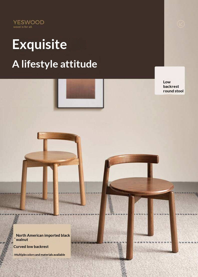 Black Walnut, Oak Solid Wood Low Back Makeup Stool with Round Seat