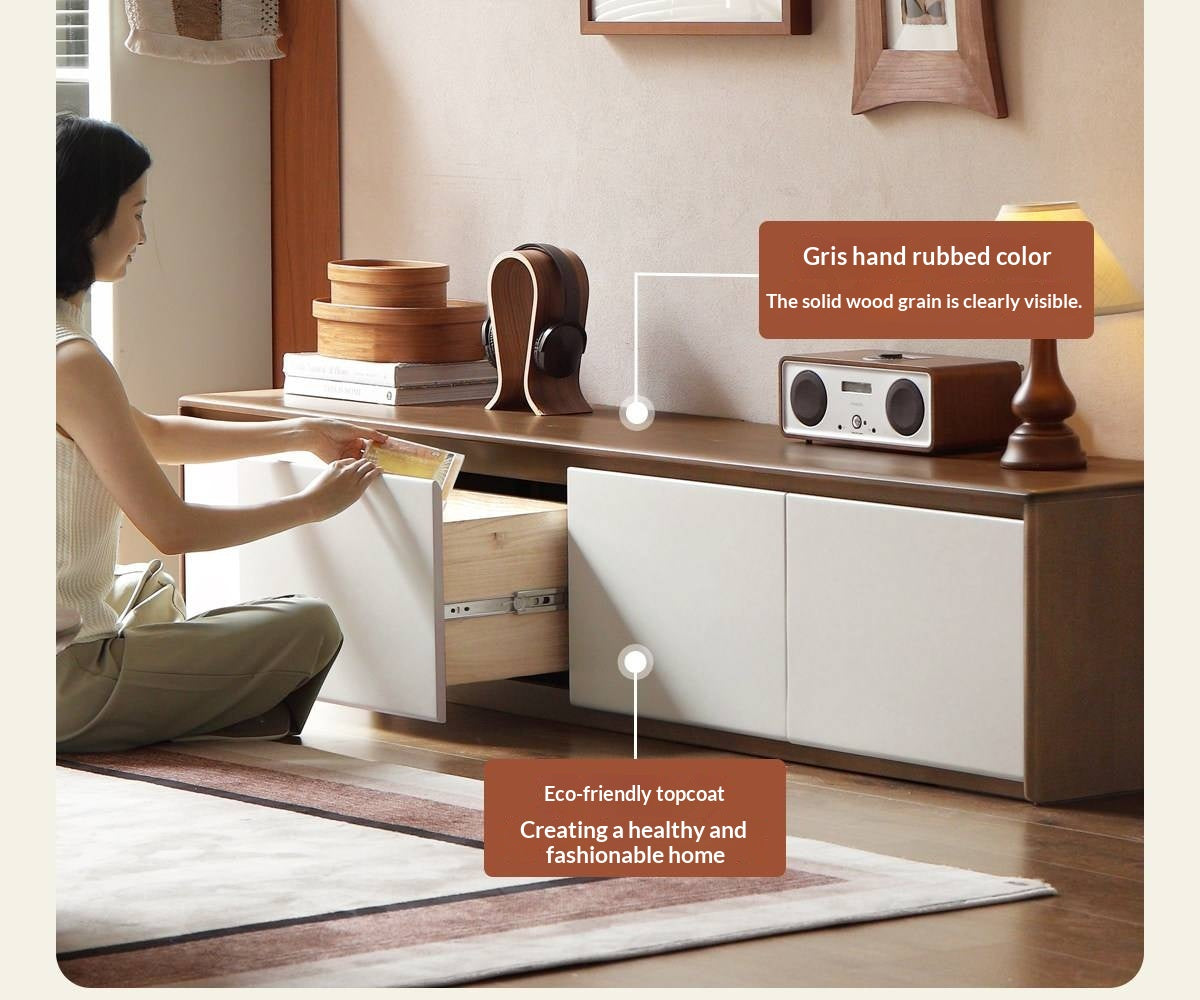 Solid RubberWood TV Console with Two-Tone Color Block Design and Full Pull-Out Drawers