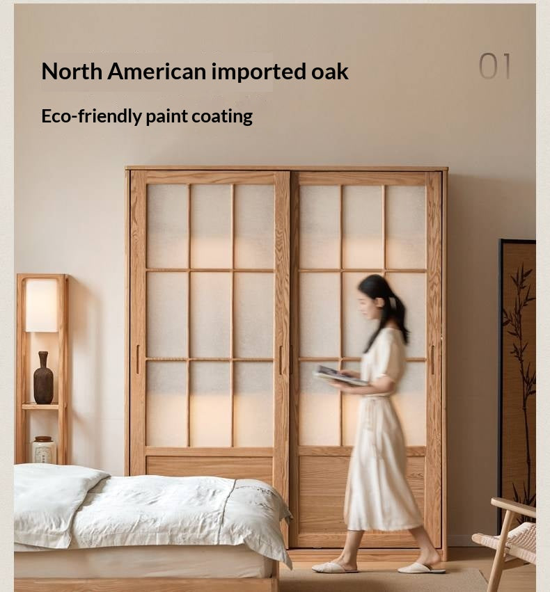 Oak Solid Wood Wardrobe Cabinet with Minimalist Songshi Storage