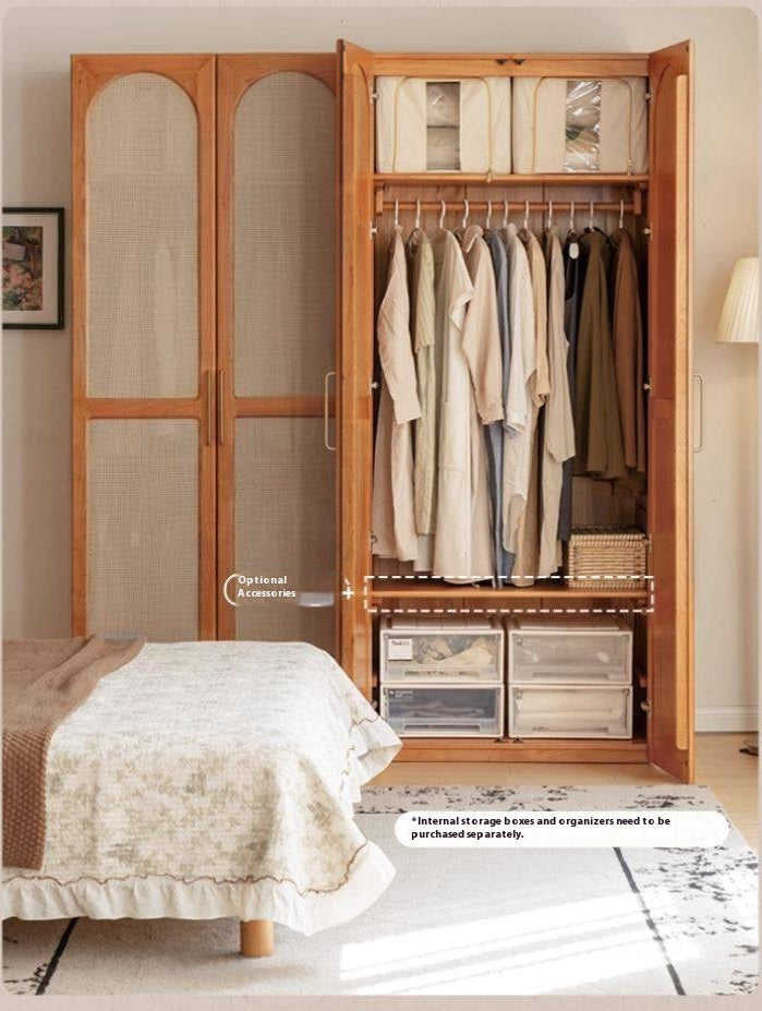 Cherry Solid Wood Retro Rattan Wardrobe
