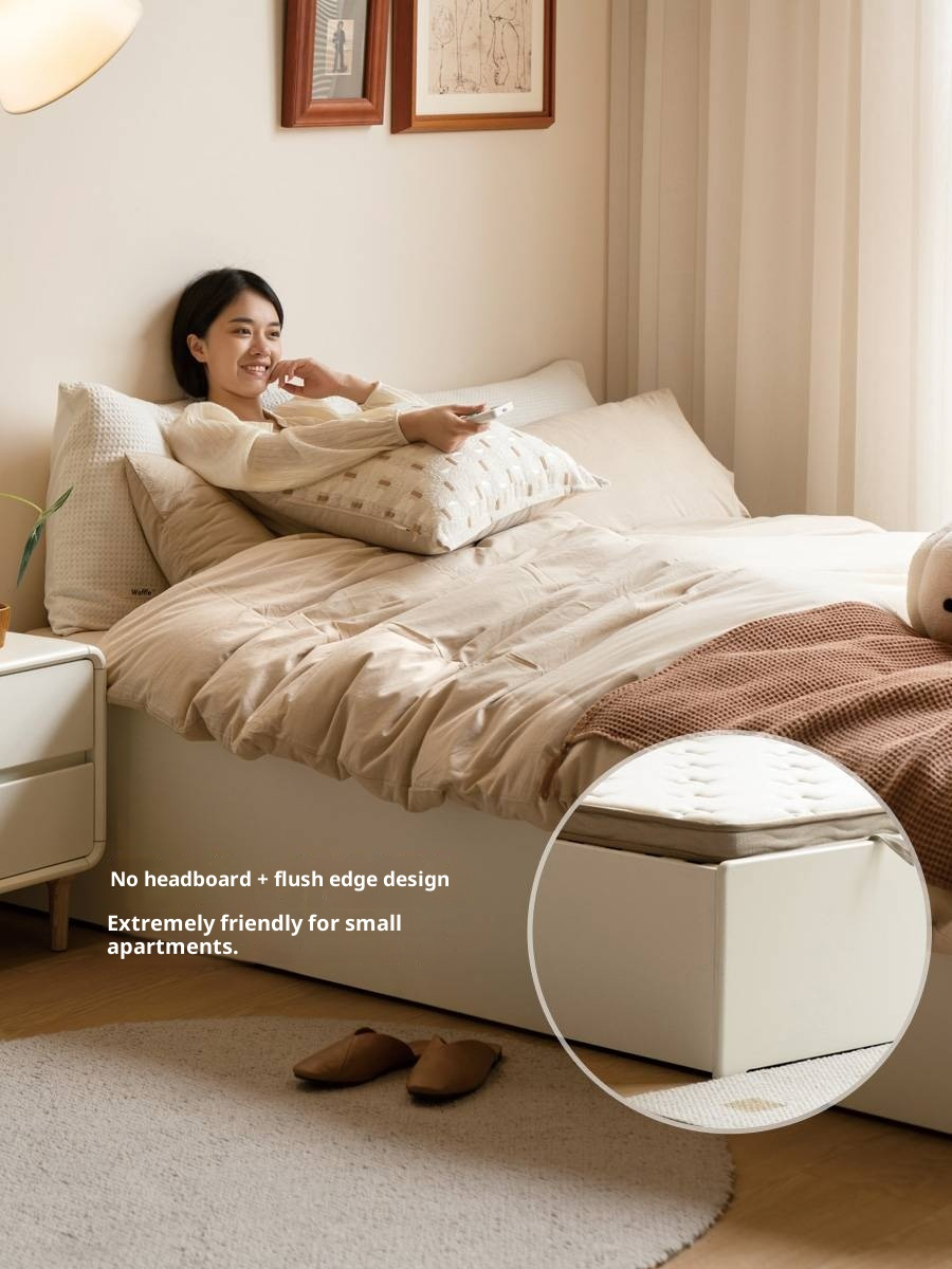 Rubberwood Solid Wood Platform Bed, Headboard-Free Box Bed Cream Style