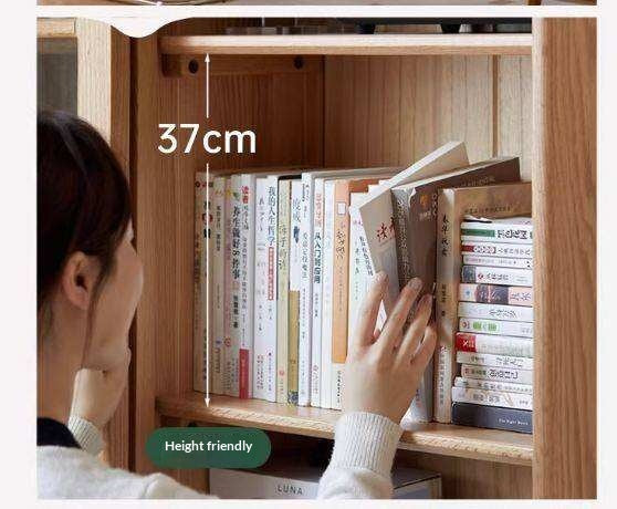Ash Solid Wood Bookcase with Sliding Doors and Floor-to-Wall Glass Display Cabinet