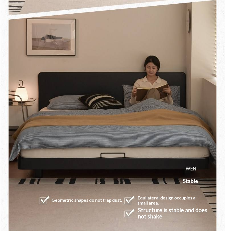 Rubberwood Solid Wood Bed — Modern Minimalist Large Slab Black Floating Bed