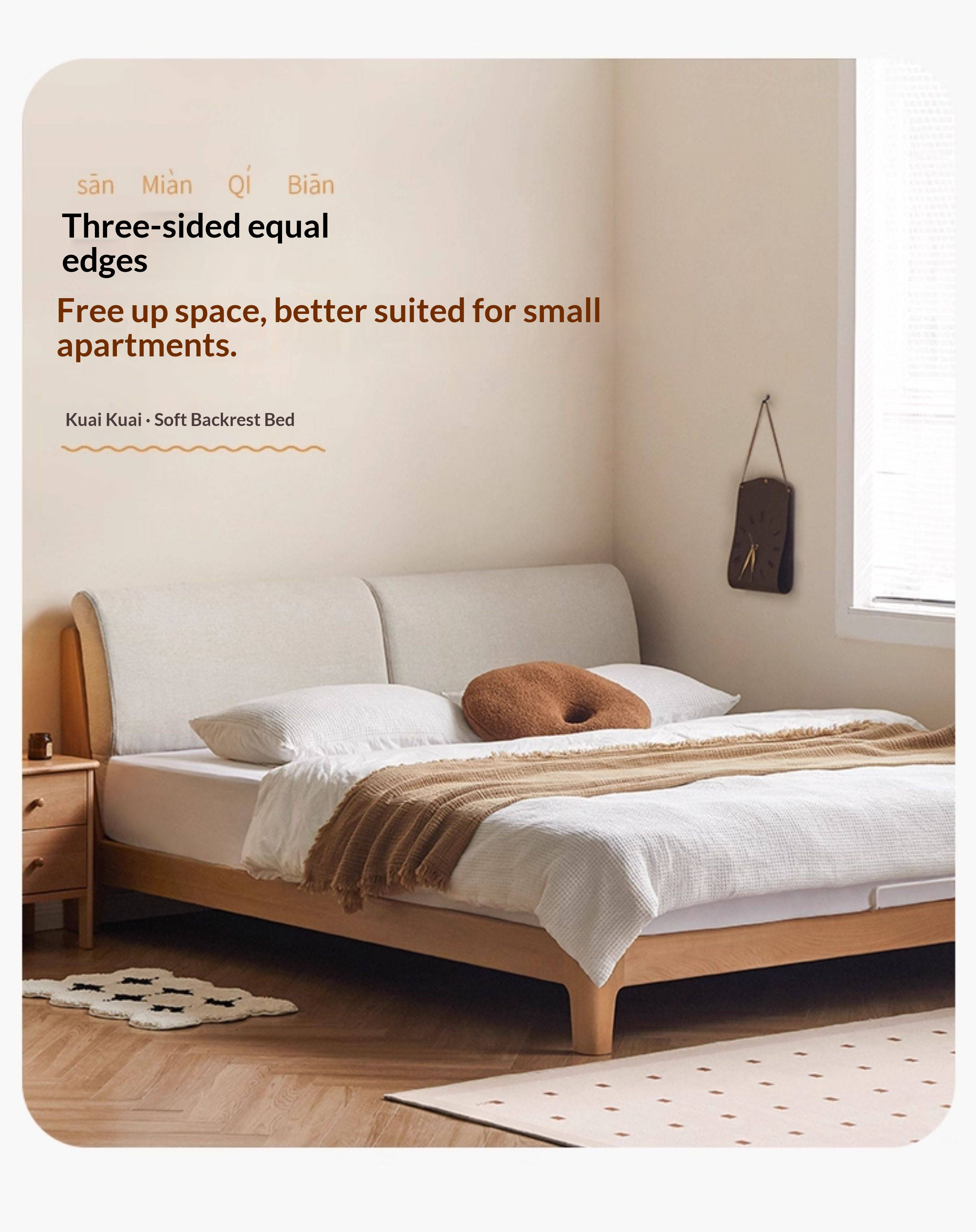 Beech Solid Wood Upholstered King Bed — Soft Headboard with Fabric Upholstery