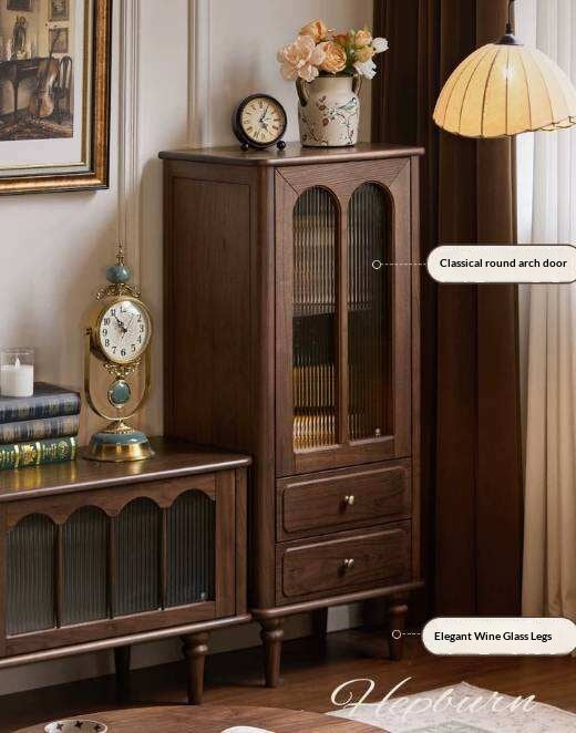 Black Walnut Solid Wood Side Cabinet with Glass Display