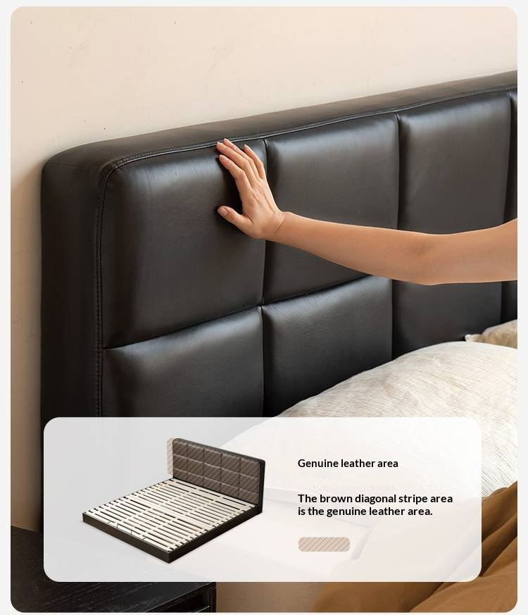Oak Solid Wood Genuine Leather Upholstered Box Bed Retro Black Floating Bed