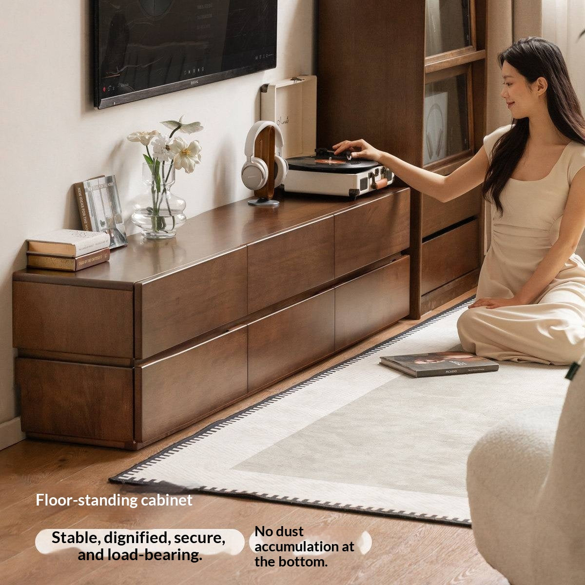 Solid Longan Hardwood Floating Media Console with Push-Open Drawers