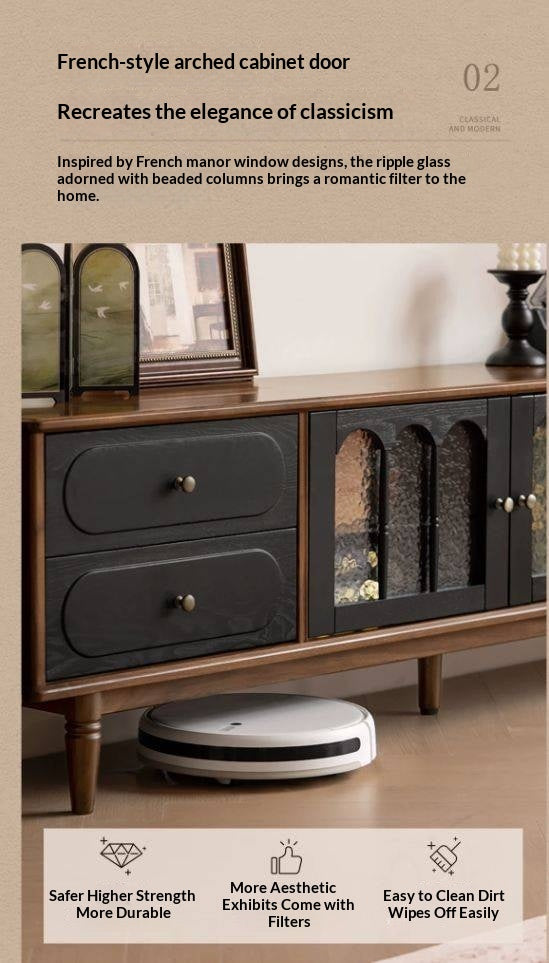 Black Walnut +ash Solid Wood French Country TV Console with Arched Glass Doors