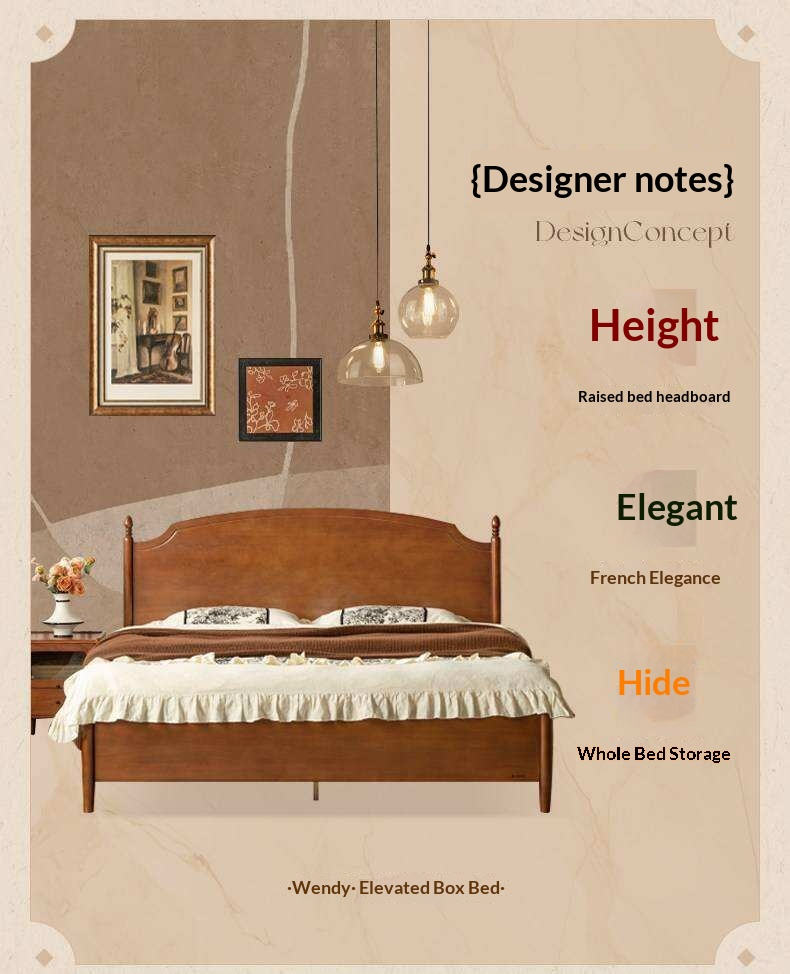Poplar Solid Wood French Country Arched Panel Bed with Storage Base Box Bed