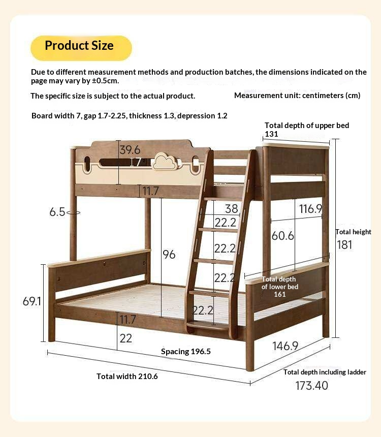 Rubberwood Solid Wood Castle-Inspired Bunk Bed with Cloud Cutout Guardrail