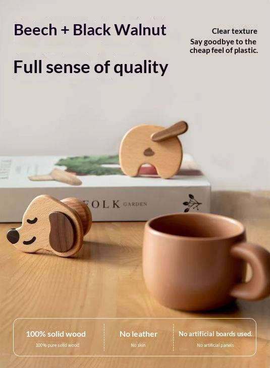 Beech, Black Walnut Solid Wood Puppy-Shaped Wall Hook with Cute Cartoon Design
