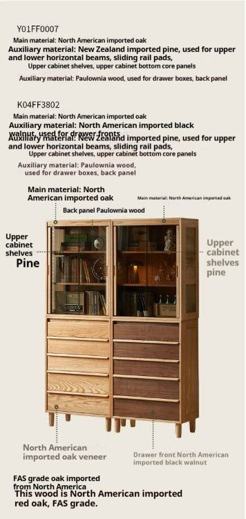 Black Walnut, Oak Solid Wood Glass Display Cabinet with Drawers