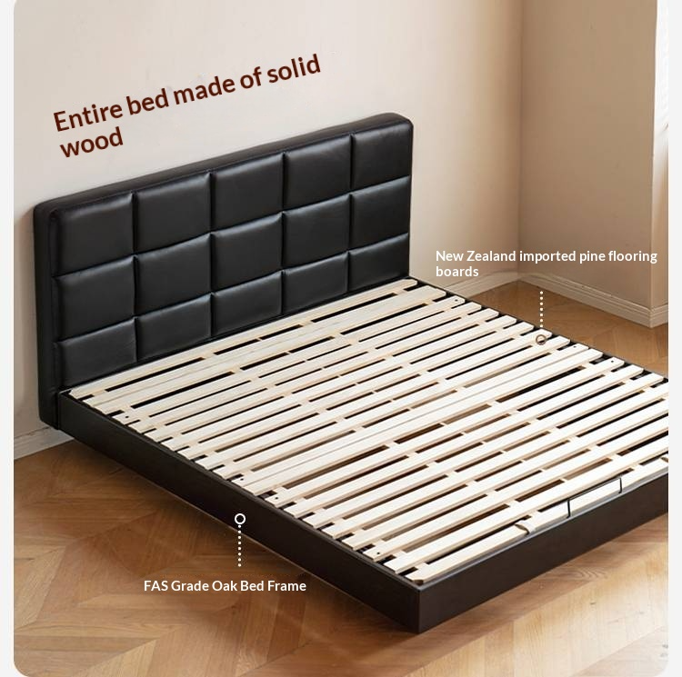 Oak Solid Wood Genuine Leather Upholstered Box Bed Retro Black Floating Bed