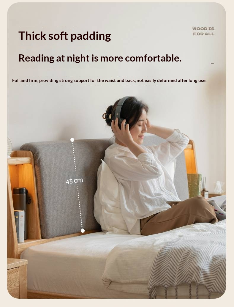 Oak Solid Wood Bed with Genuine Leather and Light Upholstery