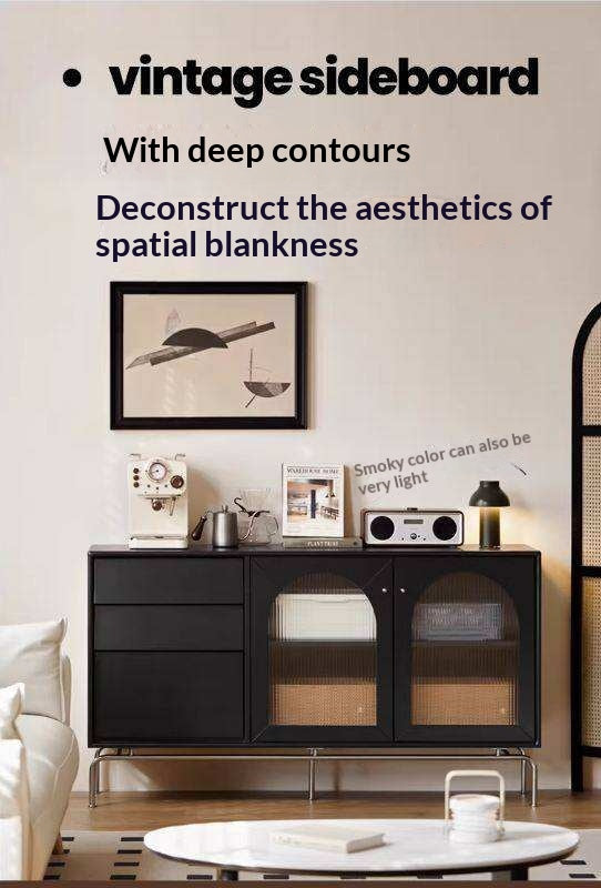 Solid Rubberwood French Retro Sideboard Black Glass