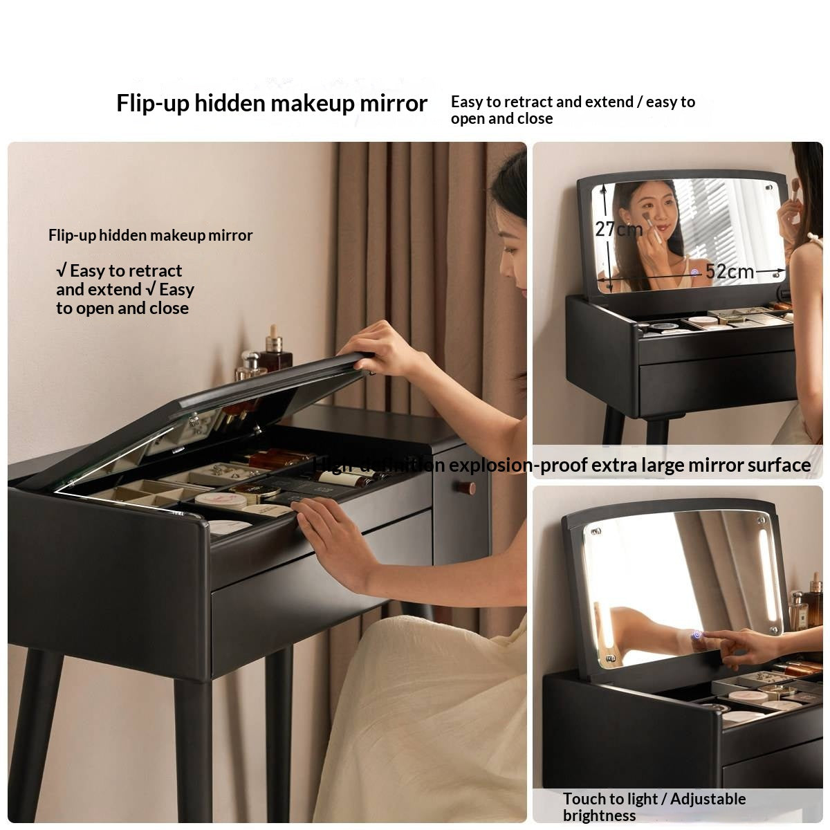 Solid RubberWood Black Vanity Table Mirror LED Touch