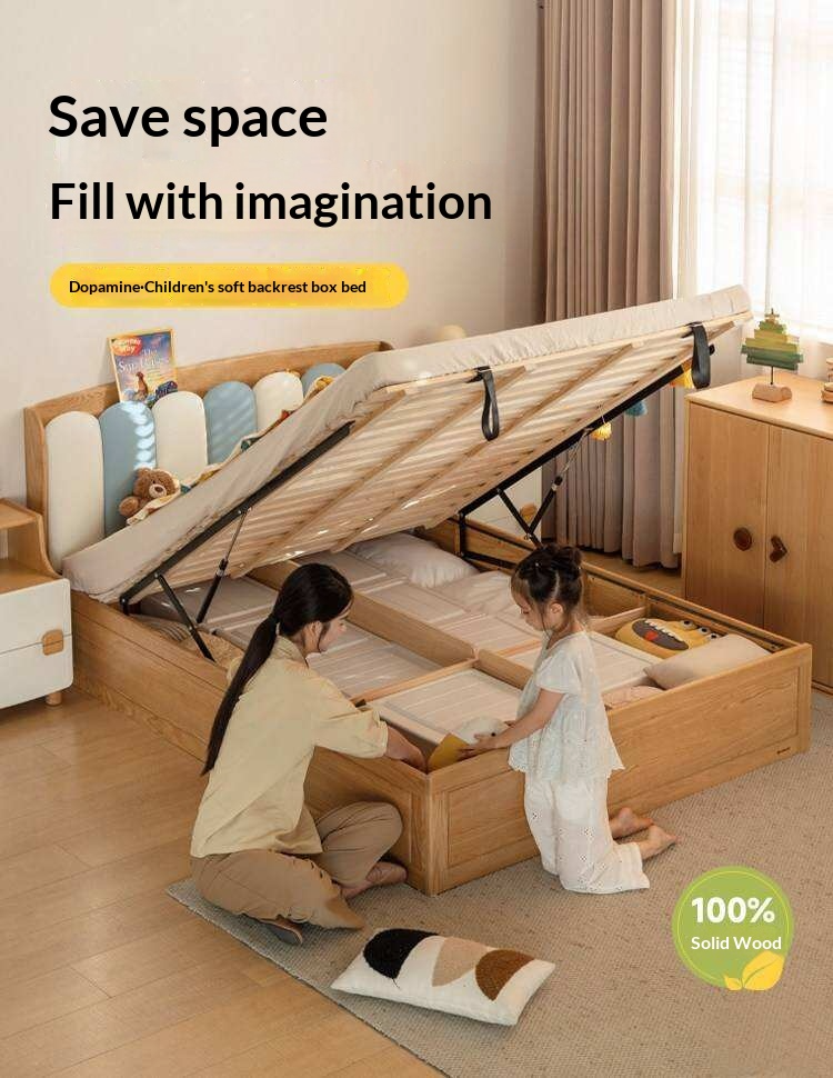 Oak Solid Wood Kids Bed with Adjustable Channel-Tufted Headboard and Gas-Lift Storage