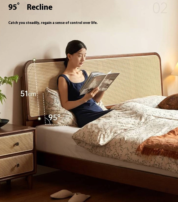 Oak Solid Wood Rattan Bed