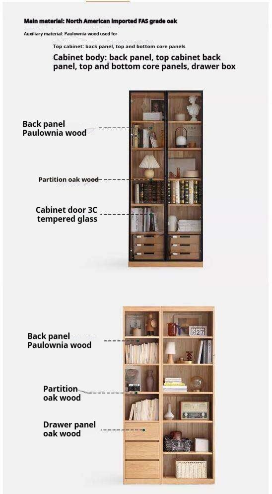 Oak, Solid Rubberwood Modern Bookcase Storage