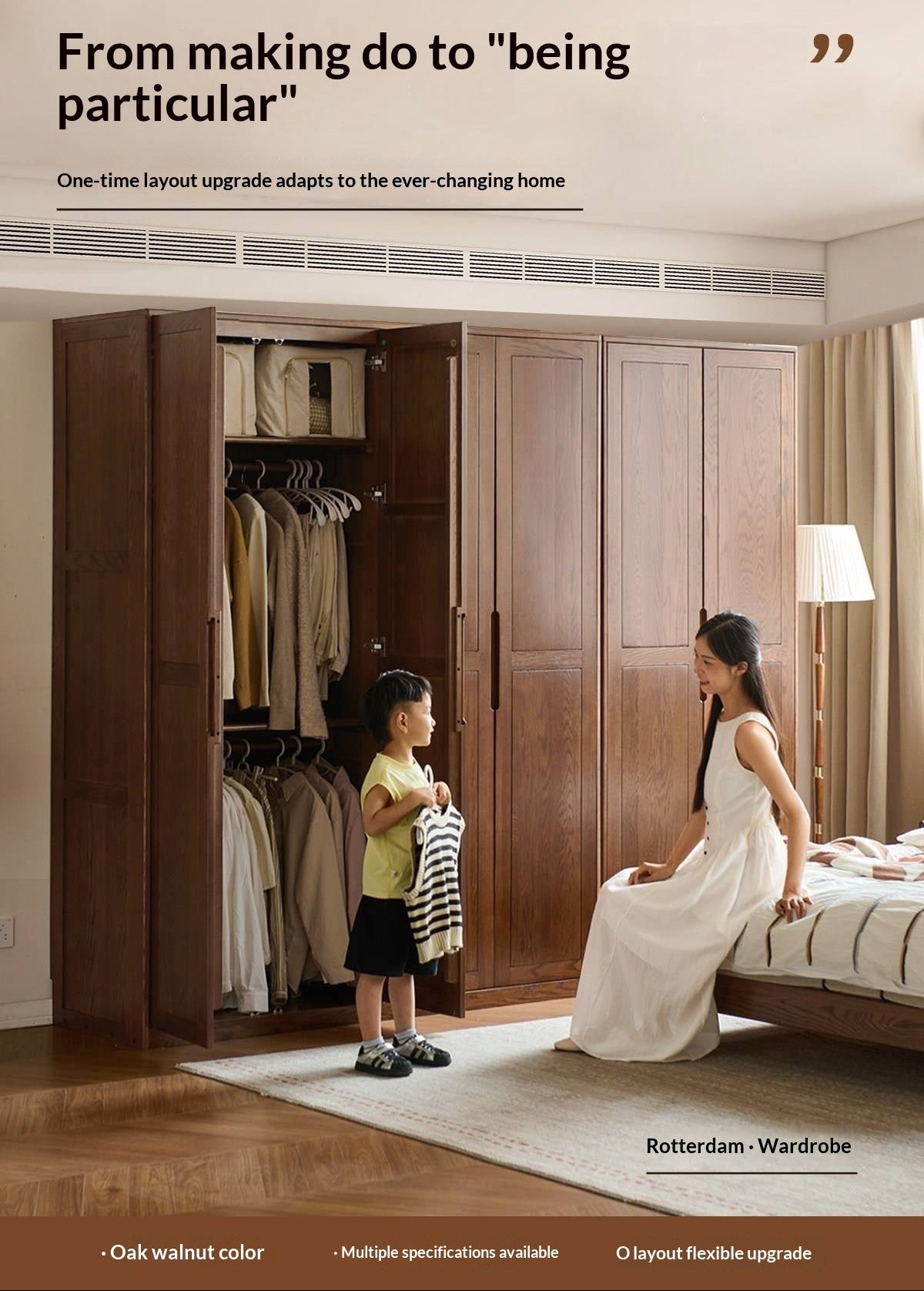 Oak Solid Wood Wardrobe with Recessed Groove Handles