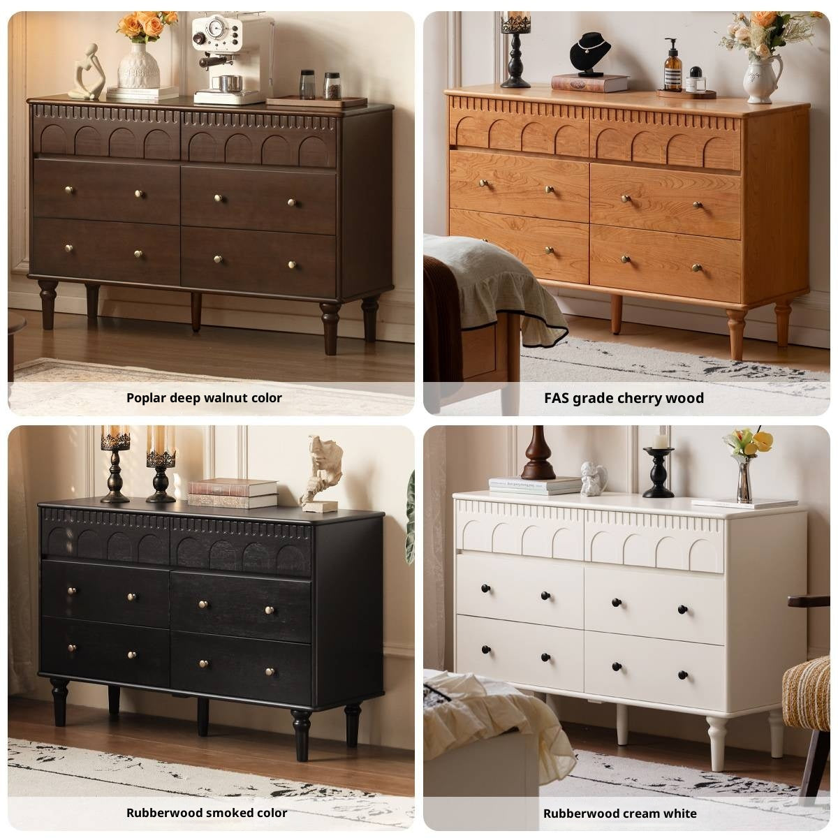 Black Walnut, Poplar, Solid Rubberwood French Retro Chest of Drawers