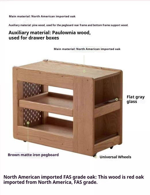Oak Solid Wood Side Table with Mobile Trolley and Storage Functionality