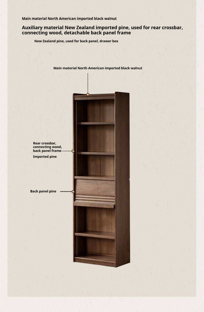 Black Walnut Solid Wood Combination Bookcase with Wall Storage and Floor Display