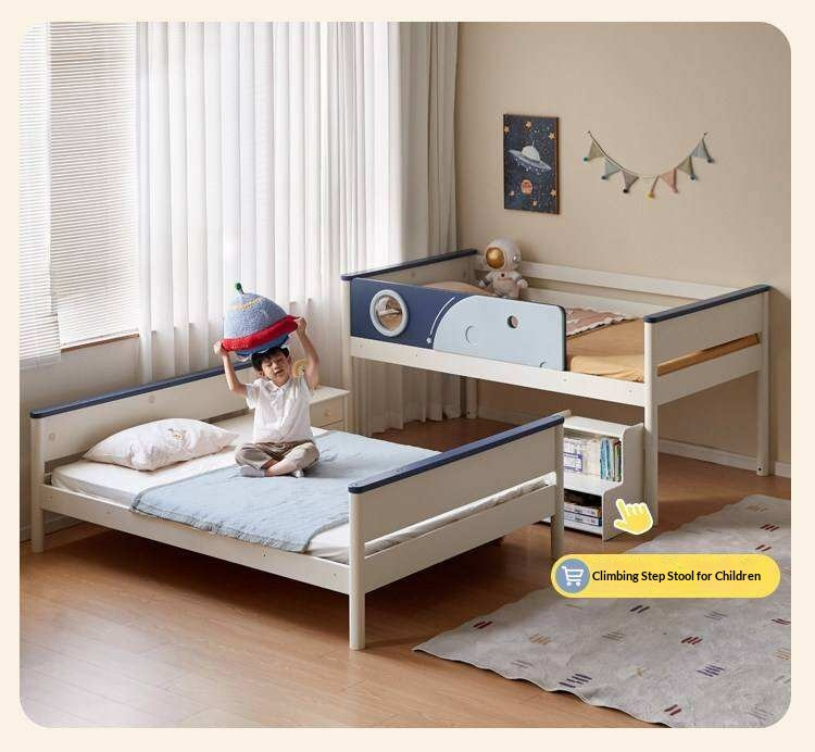 Rubberwood Solid Wood Spaceship-Themed Bunk Bed with Porthole Window