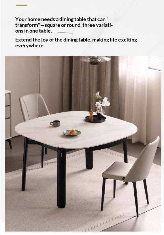 Solid RubberWood Extendable Dining Table with Marble-Look Stone Top and Rounded Corners