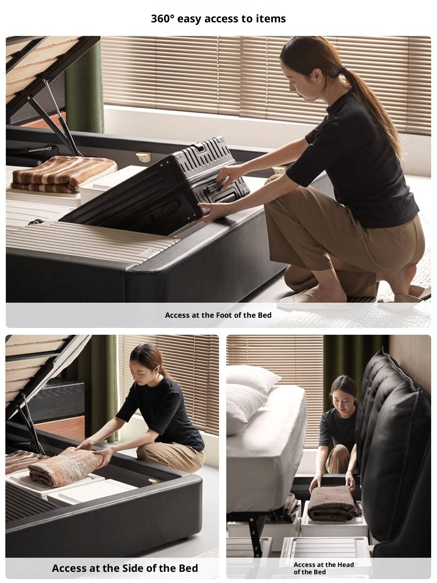 Genuine Leather Black Light Luxury Box Bed