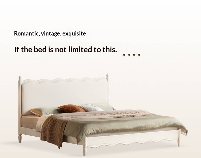 Rubberwood Solid Wood Upholstered Bed Retro Style White Bed